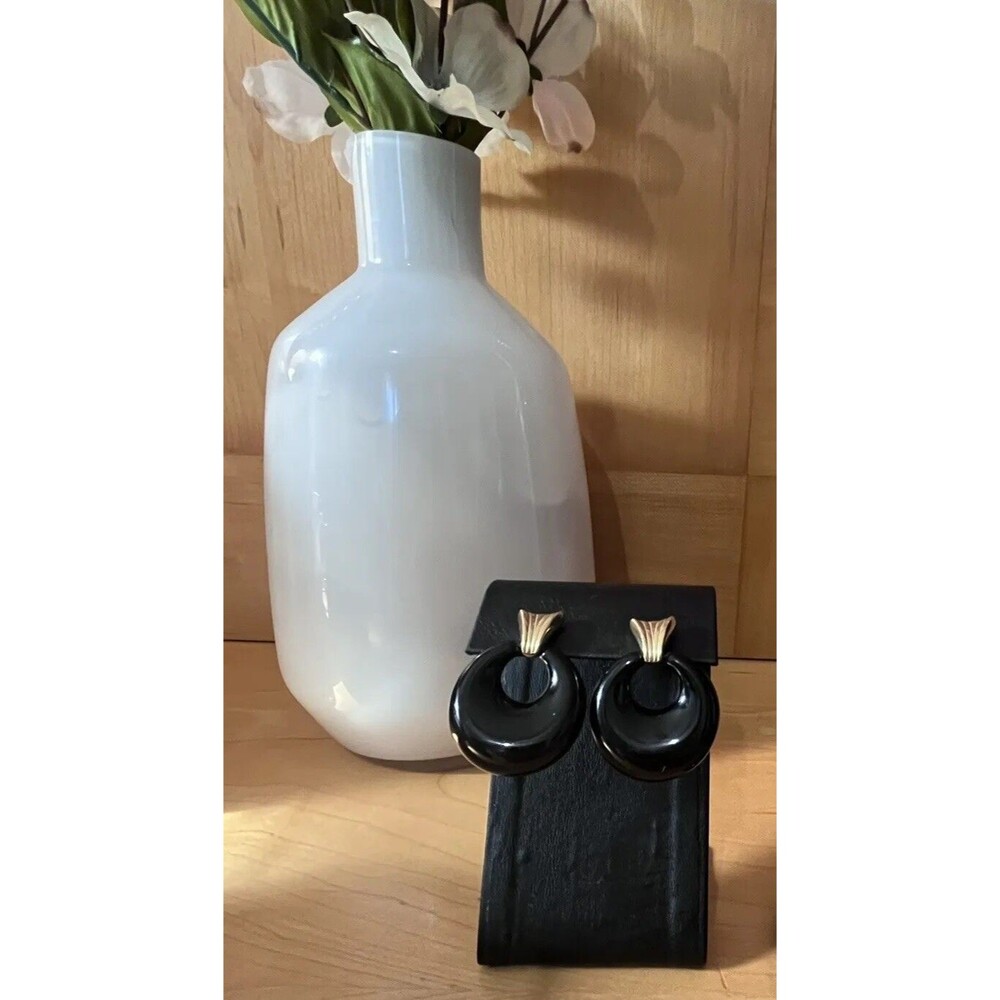 1980s Vintage Art Deco Chunky Lucite Drop Earrings Black Gold Maximalist